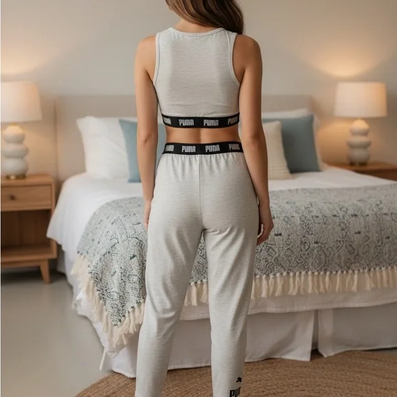 Puma Women's Matching Lounge Set Grey Crop Top Joggers Athleisure - Picture 2 of 3